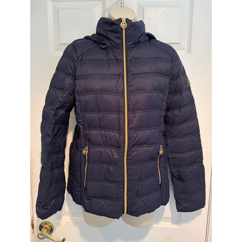 Michael Michael Kors Navy Blue Packable Down Puffer Jacket Gold Small Gorpcore